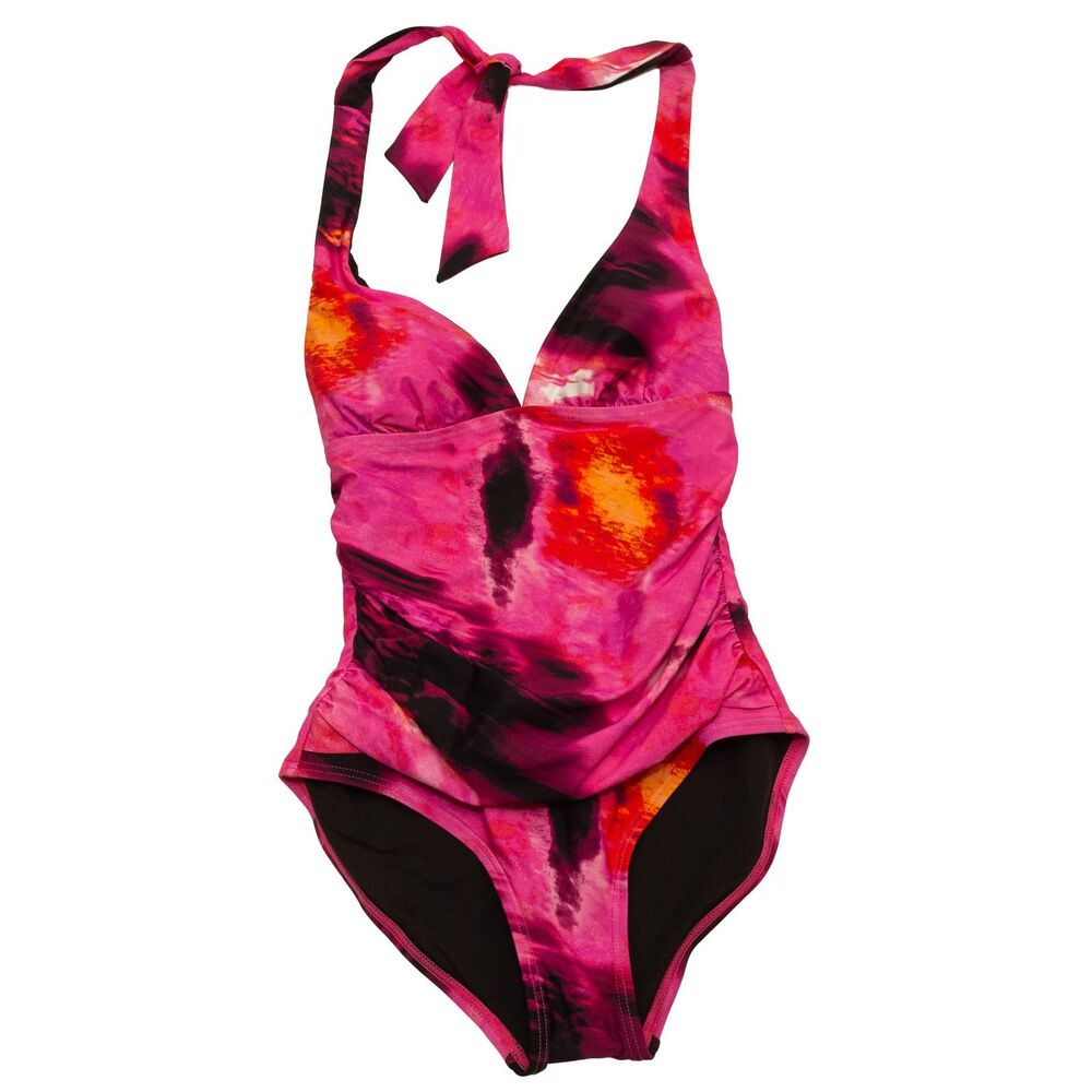 DKNY Women's Small One Piece Swimsuit Halter Ruched Tummy Control UPF 40+ Pink